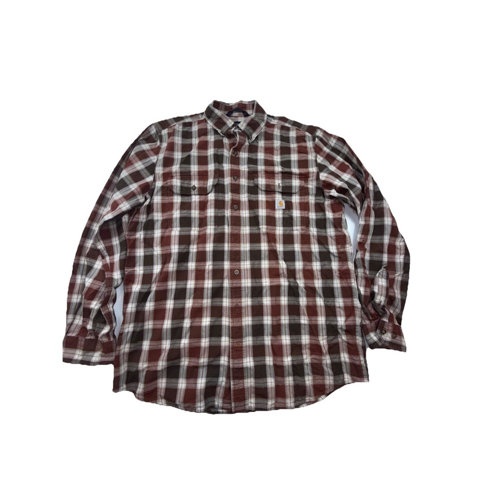 CARHARTT Shirt Mens Brown White Plaid Loose Fit Workshirt Casual Button Up L